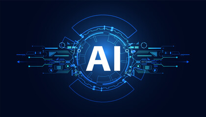 Abstract technology Ai computing chipset on circuit board concept working data of Artificial intelligence and futuristic digital for future on dark blue background.	