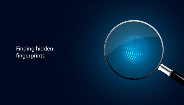 Magnifying glass looking at fingerprints On a blue background, technology in scientific forensics, DNA, forensics.
