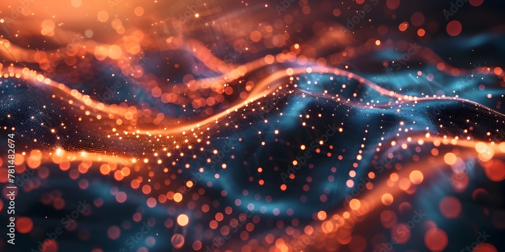 Poster glowing nanoscale semiconductor schematic with flowing particle waves