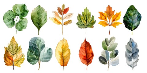 Detailed Watercolor Chart of Leaves and Their Scientific Names for Educational and Purposes on White Background