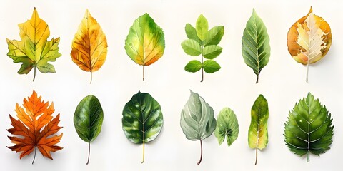Comprehensive Watercolor Leaf Chart Showcasing Diverse Botanical Specimens on White Background