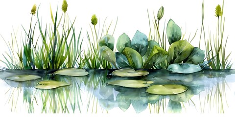 Serene Aquatic Foliage Reflection Composition on White Background