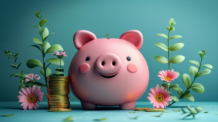 Piggy bank with growing savings and plants concept
