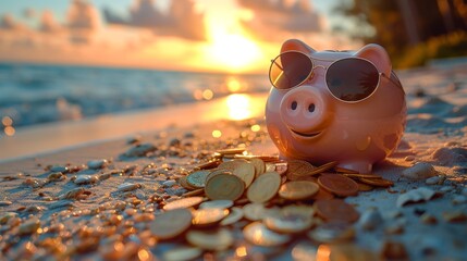 Piggy bank vacation savings on sunny beach