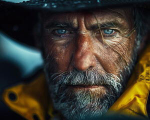 Portrait of an experienced fisherman with deep wrinkles, looking towards the horizon. A day in the hard life of professional fishermen