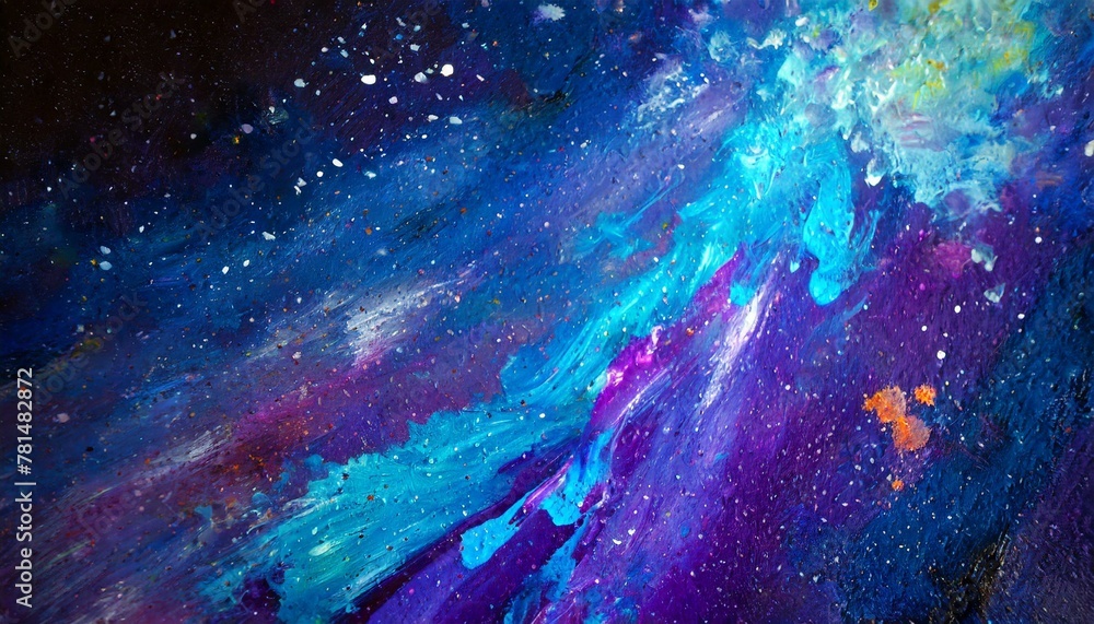 Wall mural a dark background with splashes of neon blue and purple oil paints, resembling a cosmic scene, with 