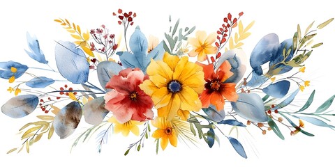 Fototapeta na wymiar Vibrant Watercolor Bouquet of Autumn Leaves and Wildflowers on Peaceful White Background