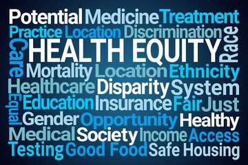 Health Equity Word Cloud on Blue Background