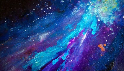 A dark background with splashes of neon blue and purple oil paints, resembling a cosmic scene, with the thick texture of the paint creating the illusion of stars and galaxies - obrazy, fototapety, plakaty