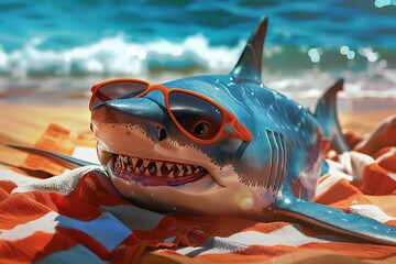 shark sunbathing on a beach laying on a towel wearing sunglasses