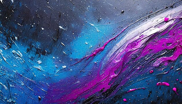 A dark background with splashes of neon blue and purple oil paints, resembling a cosmic scene, with the thick texture of the paint creating the illusion of stars and galaxies