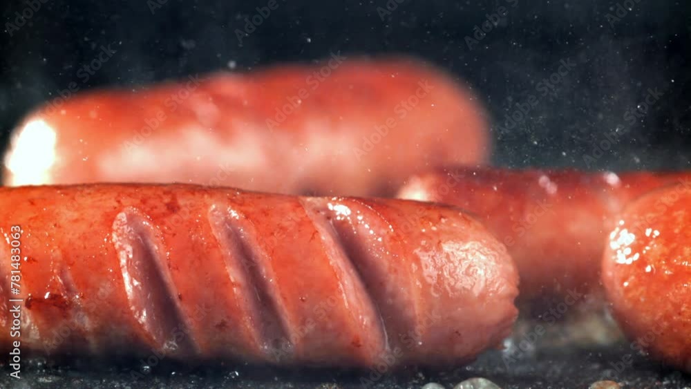 Poster super slow motion sausages are fried in a pan. high quality fullhd footage