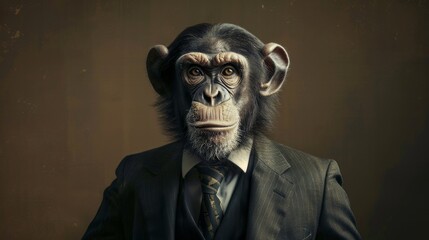 Sophisticated chimpanzee dressed in a business suit posing on a dark background