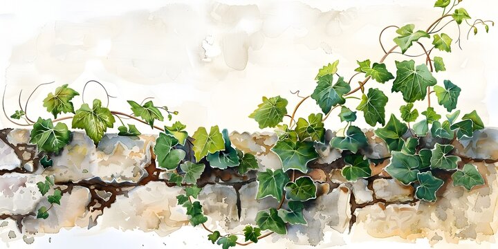 Vibrant Ivy Vine Clinging to Ancient Weathered Wall in Detailed Watercolor