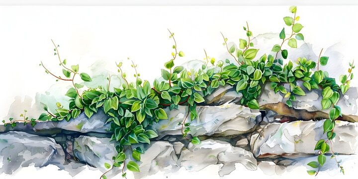 Detailed Watercolor of Lush Leafy Vine Creeping Up Ancient Weathered Stone Wall on White Backdrop