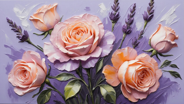 Impasto oil painting of Lavender and peach roses, with thick texture and sculptural elements, using a palette knife.