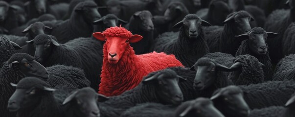 Stand out in the crowd - one red sheep amidst many black - obrazy, fototapety, plakaty