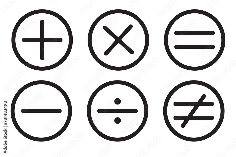 Poster math symbols vector, math calculation icons. arithmetic plus, minus, equals, multiply, divide signs 