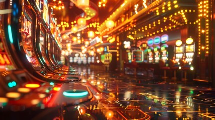 Casino games in full swing, wide angle, vibrant lights, excitement, high energy atmosphere
