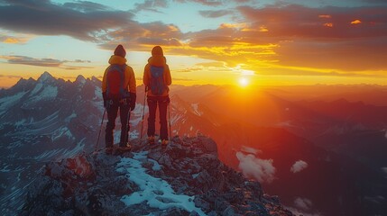 Adventurers gazing at sunrise from mountain summit