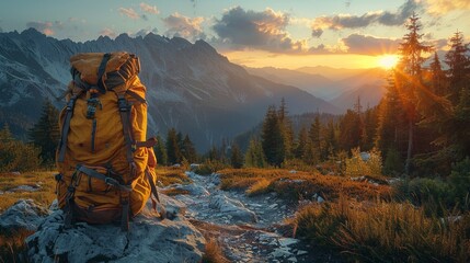 Majestic sunrise over mountains with backpack in foreground