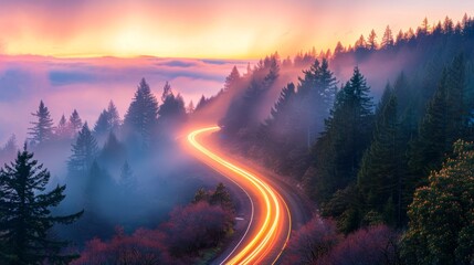 Twilight serenity on a winding forest road