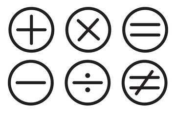 Math symbols vector, Math calculation icons. Arithmetic plus, minus, equals, multiply, divide signs on white background. Set of icons for web design - obrazy, fototapety, plakaty