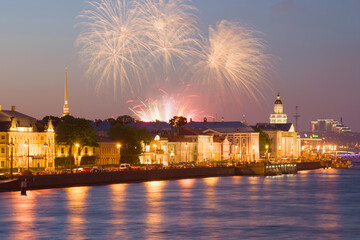 Festive salute on the University embankment. Day of the city in St. Petersburg - 781483621