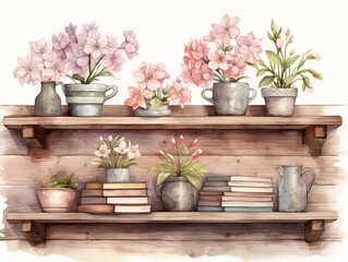 Books and flowers on shelves