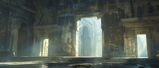 Cryptic custodian guarding ancient secrets, wide shot, dimly lit archive, mystical atmosphere