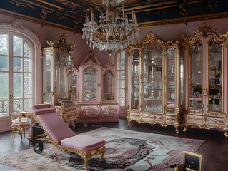 luxurious pink gym room with gold, which has a pink canopy and gold details. The room also has pink walls and gold trim. 