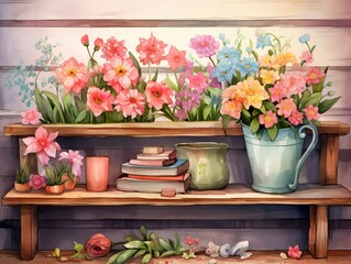 flowers in pots on the shelf