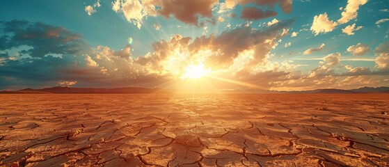 Desert landscape under scorching heat, wide shot, mirage effect, extreme weather, survival theme - obrazy, fototapety, plakaty