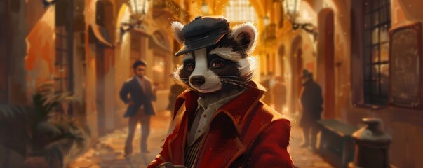 Dapper raccoon character strolling through a vintage cityscape