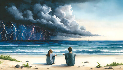 Two teens sit apart against a backdrop of stormy skies and lightning at the beach, contemplating the end of their relationship. - obrazy, fototapety, plakaty