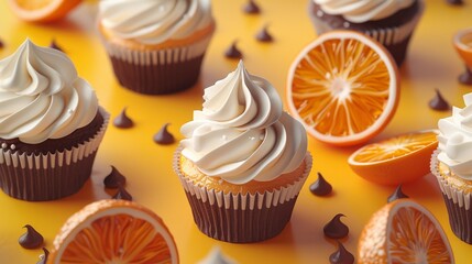 Dessert inspired abstract sketch, casual style, with orange slices and cupcakes in orange, chocolate, and vanilla - obrazy, fototapety, plakaty
