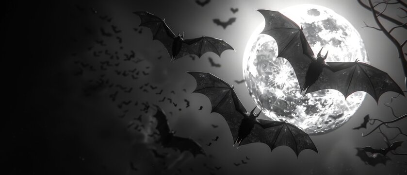 Detailed vintage bats around full moon, white on black, hyper realistic, high contrast setting