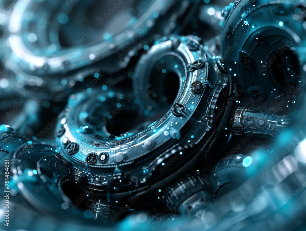 Fototapete dive into a mesmerizing fusion of aquamarine and black, where abstract mechanical elements intertwin