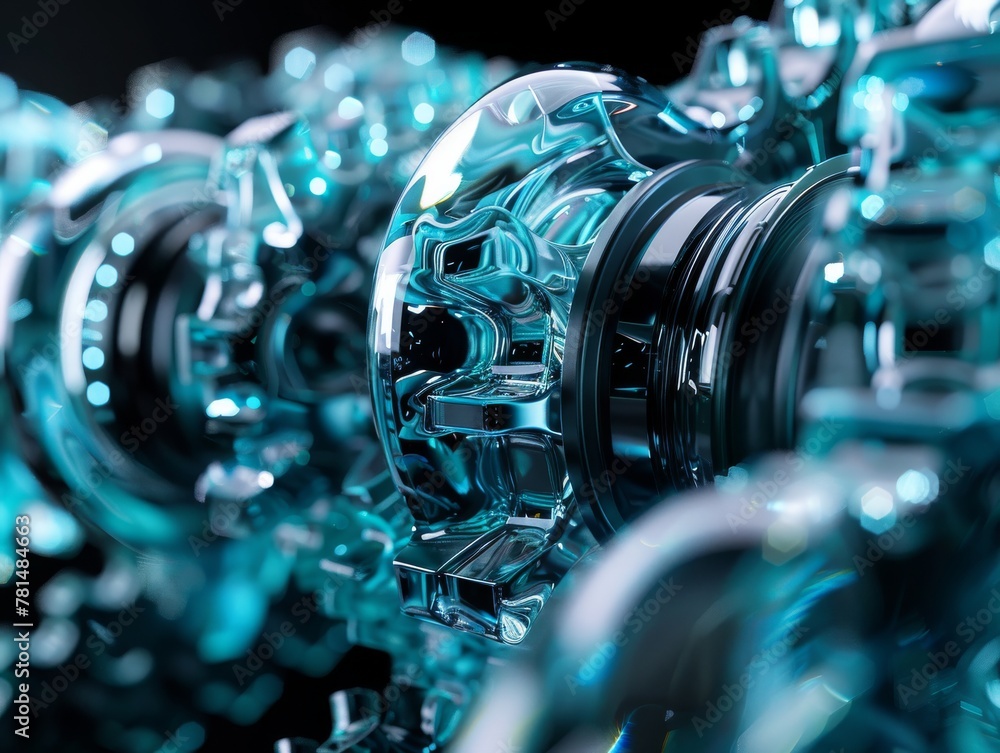 Poster dive into a mesmerizing fusion of aquamarine and black, where abstract mechanical elements intertwin