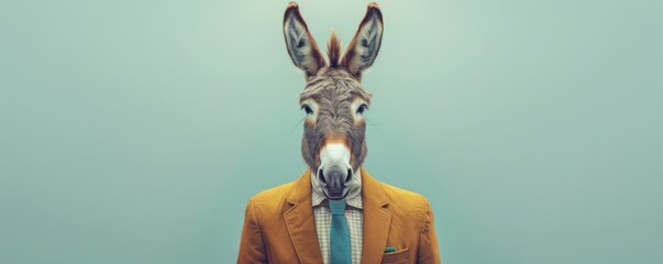 Donkey wearing a stylish yellow suit and tie against a blue backdrop - obrazy, fototapety, plakaty