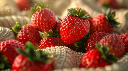 Direct top down photography of a knitted fabric, stretched to display a charming strawberry pattern, emphasizing the patterns clarity and color