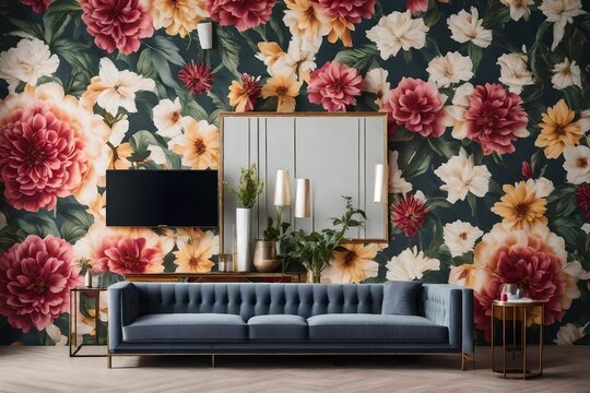 living room with flowers and frames