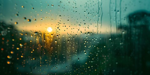 Raindrop Streaked Window Framing Blurred Landscape with Pensive Atmospheric Ambiance