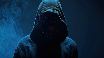 Unrecognizable hacker cyber criminal in hood with dark space and matrix instead of face isolated on blue digital background