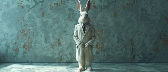 Elegant white rabbit, anthropomorphic figure, tall and slender, wearing Armani menswear, full body illustration, style personified - obrazy, fototapety, plakaty