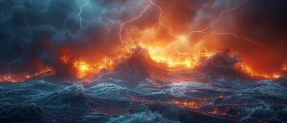 Elemental fury unleashed, wide shot, stormy seas and lightning, natures raw power, dramatic style - obrazy, fototapety, plakaty