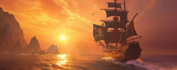 Fototapeta premium Majestic pirate ship at sunset on the high seas
