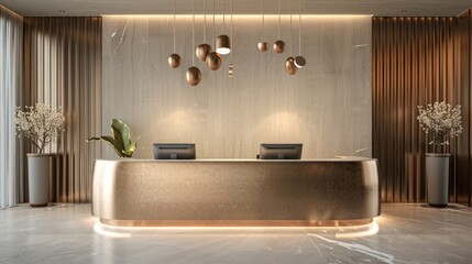 Antique silver front desk call bell on reception counter. Modern luxury hotel desk in pastel - obrazy, fototapety, plakaty