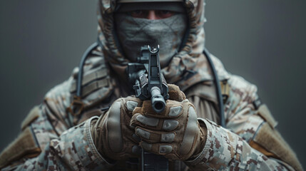 Fototapeta premium Army soldier in Protective Combat Uniform holding Special Operations Forces Combat Assault Rifle. Studio shot, dark contrast, cropped, desaturated, isolated on white background.