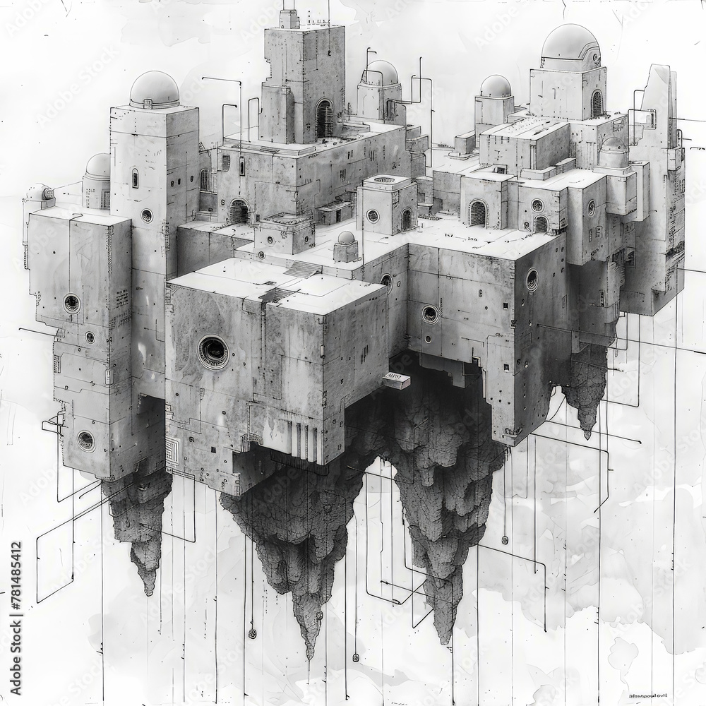 Aufkleber a city is floating in the sky with a large building in the middle. the building is made of concrete 